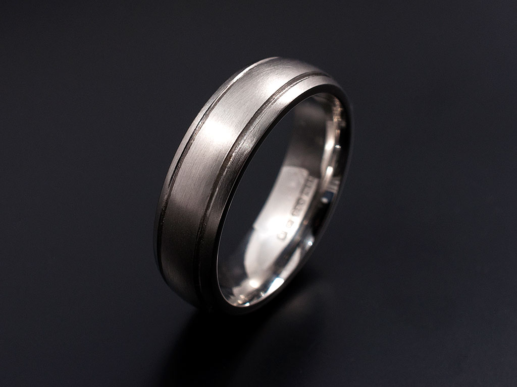 Gents Palladium 5mm Wide Wedding Ring with 2 Engraved Lines in a Brushed Finish