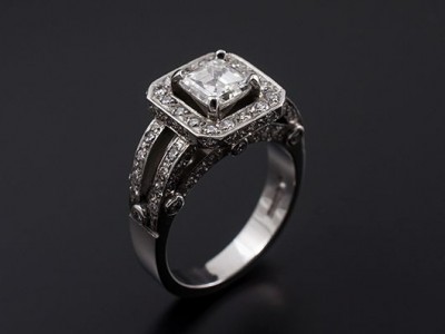 Ladies Diamond Halo Engagement Ring, Platinum Claw and Pavé Set Design, Asscher Cut Diamond 0.81ct, E Colour, VS1 Clarity