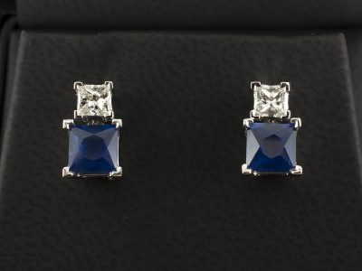 18kt White Gold Claw Set Sapphire and Diamond Stud Earrings, Princess Cut Sapphires 2.11ct Total and Princess Cut Diamonds 0.48ct G VS Minimum
