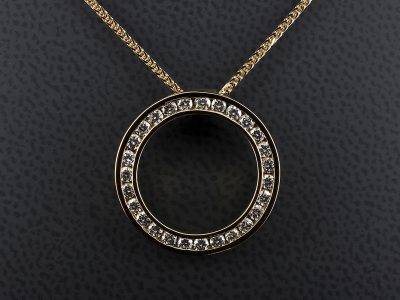 18kt Yellow Gold Channel Set Diamond Circular Design Pendant, Round Brilliant Cut Diamonds 0.81ct Total VS Clarity on a Spiga Chain