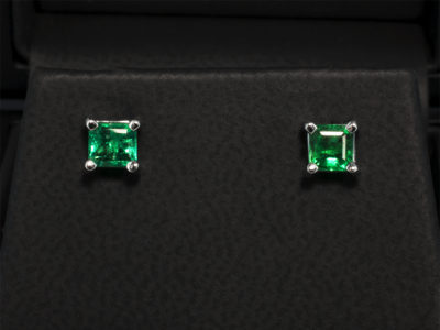 18kt White Gold Four Claw Set Emerald Stud Earrings, Asscher Cut Emeralds 0.72ct Total
