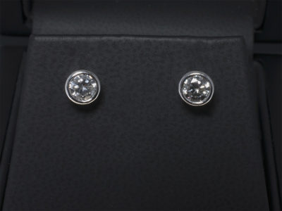 18kt White Gold Rub over Set Diamond Stud Earrings, Round Brilliant Cut Diamonds 0.82ct Total F Colour VS Clarity Min