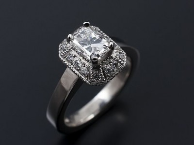 Ladies Diamond Halo Antique Style Engagement Ring, Palladium Claw and Pavé Set Design, Radiant Cut Diamond 0.70ct, G Colour, VS2 Clarity, Round Brilliant Cut Diamond Halo