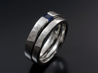 Platinum Square Sapphire Tension Set Engagement Ring with Fitted Wedding Ring.