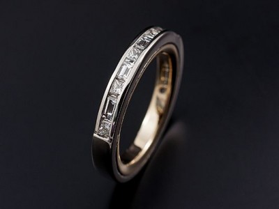 Ladies Channel Set Wedding / Eternity Ring with Princess Cut and Baguette Cut Diamonds. Two Tone Comprising 9kt Yellow Gold and Palladium