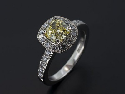 Ladies Yellow Diamond Halo Engagement Ring, Palladium Claw and Pavé Set Design, Cushion Cut Natural Fancy Yellow Diamond 0.93ct, VS2 Clarity, VGVG, Round Brilliant Cut Diamonds x22 Halo and Shoulder, F Colour, VS Clarity