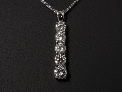 9kt White Gold Claw Set Trilogy Diamond Graduated Drop Pendant, Round Brilliant Cut Diamonds 0.99ct (3), Split Bale Detail on Spiga Chain