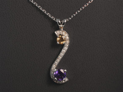 9kt White Gold Claw and Pavé Set 'S' Shaped Diamond and Coloured Gemstone Drop Pendant, Round Amethyst 6mm and Citrine 4mm with 20x Round Brilliant Cut Diamonds 0.10ct Total, Split Bale Detail