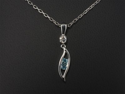 9kt White Gold Half Rub Over and Tension Set Pendant with Oval Cut Blue Diamond 0.41ct and Round Brilliant Cut White Diamond 0.15ct F Colour VS Clarity Minimum