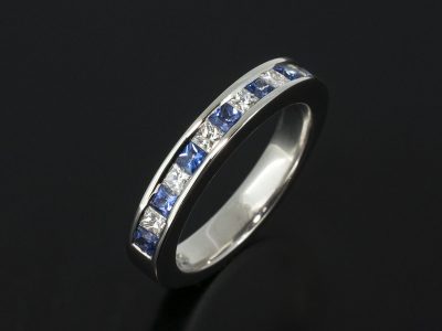 Ladies Diamond and Sapphire Eternity Ring, 9kt White Gold Channel Set Design, Princess Cut Diamonds 0.36ct Total, Princess Cut Sapphires 0.37ct Total