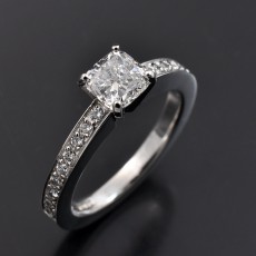 Ladies Diamond Engagement Ring, Platinum 4 Claw and Pave Set Design, Cushion Cut Diamond 0.74ct, E Colour, VS1 Clarity