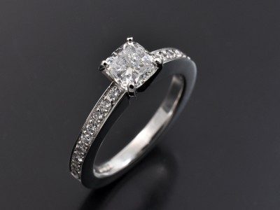 Ladies Diamond Engagement Ring, Platinum 4 Claw and Pave Set Design, Cushion Cut Diamond 0.74ct, E Colour, VS1 Clarity