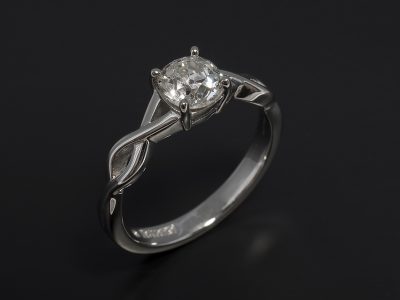 Ladies Solitaire Diamond Engagement Ring, Palladium 4 Claw Design, Antique Old Miners Cut Cushion Diamond 0.96ct, G Colour, SI1 Clarity, Twist Lattice Detail Band