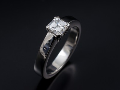 Ladies Solitaire Diamond Engagement Ring, Platinum 4 Claw Set Contemporary Design, Asscher Cut Diamond 0.70ct, E Colour, VS1 Clarity