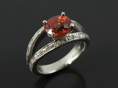 Blood Orange 1.78ct Oval Sapphire in a Palladium Diamond Pavé Set Split Band 4 Claw Design.