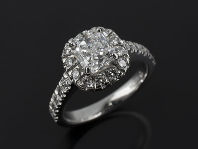 Ladies Diamond Engagement Ring, Claw Set Halo Platinum Design, Cushion Cut Diamond 1.01ct, E Colour, VS1 Clarity, Round Brilliant Cut Diamond Halo and Shoulder