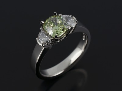 Ladies Trilogy Coloured Diamond Engagement Ring, Platinum 4 Claw and Part Rub over Set Design, Cushion Cut Green Diamond 1.08ct, Half Moon Cut Diamond Side Stone