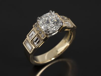 Ladies Diamond Engagement Ring, 18kt Yellow Gold Design, Double Claw Platinum Set Cushion Cut Diamond, 1.76ct D Colour SI1 Clarity, Pave Set Round Brilliant Cut Diamond Side Stones, 0.08ct (8), Rub over Set Baguette Cut Diamond Shoulders, 0.64ct (6)