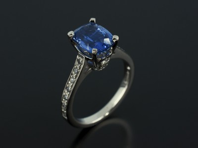 Cushion Cut Sapphire 2.77ct in a 4 Claw Palladium Diamond Pavé Set Design.