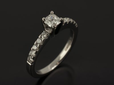 Ladies Diamond Engagement Ring, 4 Claw Set with Castle Set Shoulder Platinum Design, Cushion Cut Diamond 0.37ct, F Colour, VS Clarity, Round Brilliant Cut Diamond Shoulders, 0.18ct (10