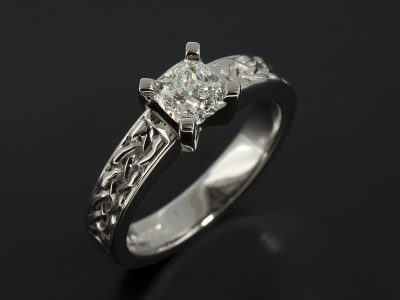 Ladies Solitaire Diamond Engagement Ring, Platinum 4 Claw Set Design, Cushion Cut 0.73ct, E Colour, SI1 Clarity, EX Polish, VG Symmetry, Celtic Detail Shoulders
