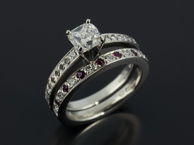 Cushion 0.74ct E VS1 with Diamond and Ruby Pave Set Fitted Wedding Ring.
