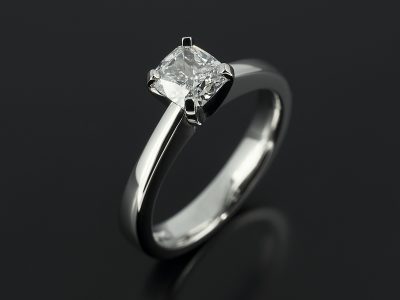 Ladies Solitaire Diamond Engagement Ring, 4 Claw Set Palladium Design, Cushion Cut Diamond, 0.80ct, E Colour, VS1 Clarity