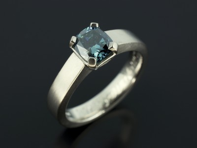 Ladies Blue Diamond Engagement Ring, Platinum 4 Claw Set Design, Cushion Cut Blue Diamond 1.01ct, Brushed Finish Detail