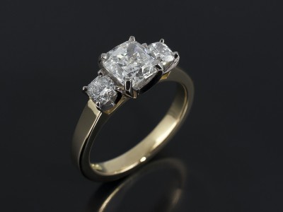Ladies Diamond Trilogy Engagement Ring, 18kt Yellow Gold Design, Cushion Cut Diamond 1.05ct, F Colour, VS1 Clarity, Cushion Cut Diamond Side Stones, 0.41ct Total, F Colour, VS Clarity