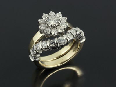 Diamond Cluster Ring with Bar Set Fitted Eternity / Wedding Ring in Platinum and 18kt Yellow Gold.