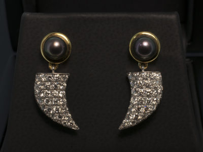 18kt Yellow and White Gold Tooth Shaped Diamond and Pearl Drop Earrings, Dark Pearl and Round Brilliant Cut Diamonds 0.97ct Total