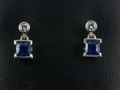 9kt White Gold Rub over Set Sapphire and Diamond Drop Earrings, Princess Cut Sapphires 0.88ct Total and Round Brilliant Cut Diamonds 0.12ct F Colour SI Clarity Min