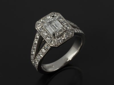 Ladies Diamond Halo Engagement Ring, Platinum Claw and Pavé Set Design, Emerald Cut Diamond Centre Stone 0.75ct, D Colour, VVS2 Clarity, EXEX, Round Brilliant Cut Diamond Halo and Split Shoulder