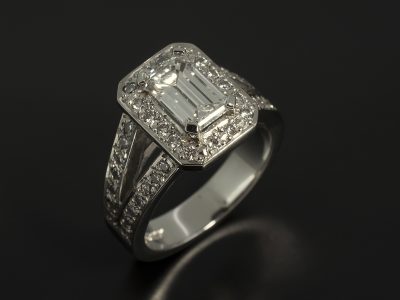 Ladies Diamond Halo Engagement Ring, Platinum 4 Claw and Pavé Set Design, Emerald Cut Diamond Centre Stone 0.92ct, D Colour, SI1 Clarity, Ex Polish, VG Symmetry, Round Brilliant Cut Diamond 0.44ct (44) Pavé Set Halo and Split Shoulder