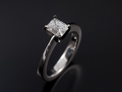 Ladies Solitaire Diamond Engagement Ring, Platinum 4 Claw Set Design, Emerald Cut Diamond 0.90ct, F Colour, VS1 Clarity