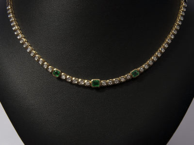 18kt Yellow Gold Rub over Set Emerald and Diamond Necklace, Emeralds x3 and Round Brilliant Cut Diamonds