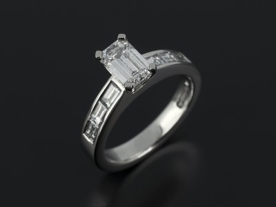 Ladies Diamond Engagement Ring, Platinum 4 Claw and Channel Set Design, Emerald Cut Diamond 0.71ct, D Colour, VS1 Clarity, Baguette Cut Diamond Shoulder