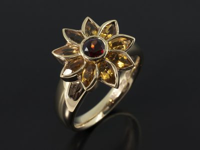 Ladies Sunflower Dress Ring, 9kt Yellow Gold Rub over Set Design, Round Garnet and Marquise Citrine