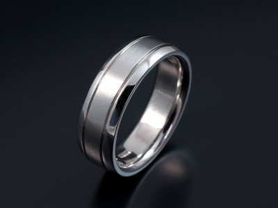 Gents 7mm Palladium Court Wedding Ring with 2 Grooved Lines in a Brushed and Polished Finish.