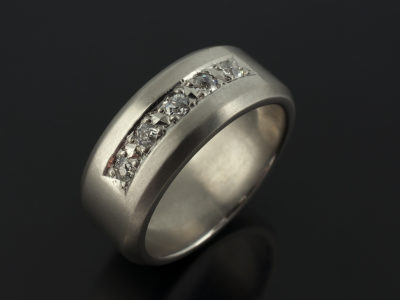Gents Diamond Engagement Ring, Palladium Pave Set Design, Round Brilliant Cut Diamonds x5, Chamfered Edge Detail with a Brushed Finish