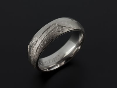 Gents 6mm Palladium Wedding Ring with Hand Engraved View of Arthur's Seat.