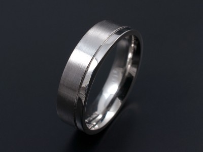 Gents Palladium Wedding Ring. 6mm Width with Engraved Line Separating a Larger Matt Section with a Polished Smaller Section.