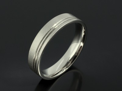 Gents Palladium 5mm Wedding Ring with Grooved Lines and a Distressed Finish