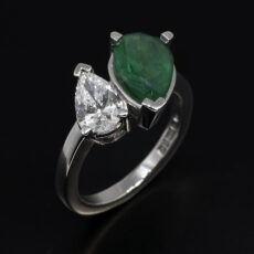 Ladies Emerald and Lab Grown Diamond Engagement Ring, Platinum Claw Set Twist Design, Pear Cut Lab Grown Diamond 0.73ct, Pear Cut Emerald 1.49ct