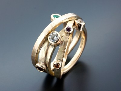 Ladies Satellite Design 9kt Yellow Gold Wedding Ring with Diamond, Emerald, Garnet, Amethyst, Citrine and Moonstone set in Rub Over Settings.