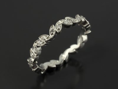 Palladium Leaf Detail Round Brilliant Diamond Pavé Set Wedding Ring.