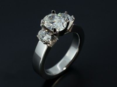 Ladies Trilogy Diamond Engagement Ring, Platinum Claw Set Design, Oval Cut Diamond 1.00ct Centre Stone, Oval Cut Diamond Side Stones 0.46ct (2), F Colour VS Clarity Minimum