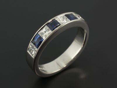 Palladium Channel Set Princess Cut Diamond 0.65ct and Sapphire 0.67ct Eternity / Wedding Ring.