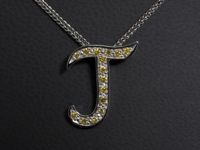 Palladium Claw Set J Initial Coloured Diamond Pendant, Round Brilliant Cut Yellow Diamonds 0.22ct (15) on a Spiga Chain