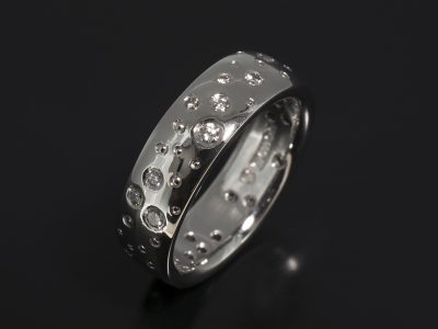 Palladium Secret Set Scatter Pattern Eternity / Dress Ring. Round Brilliant Cut Diamonds x 38 F Colour VS Clarity Minimum.